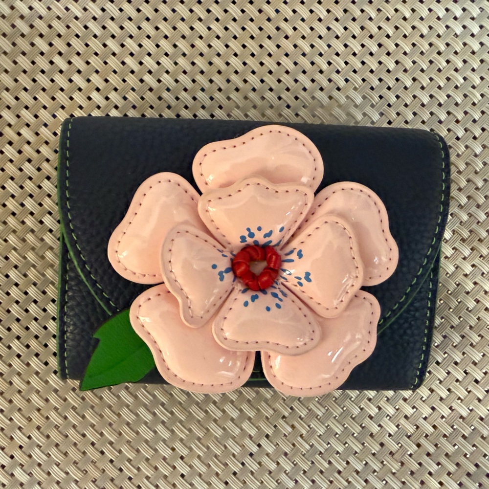 Kate Spade Navy Wallet with Green Stitching and beautiful pink flower